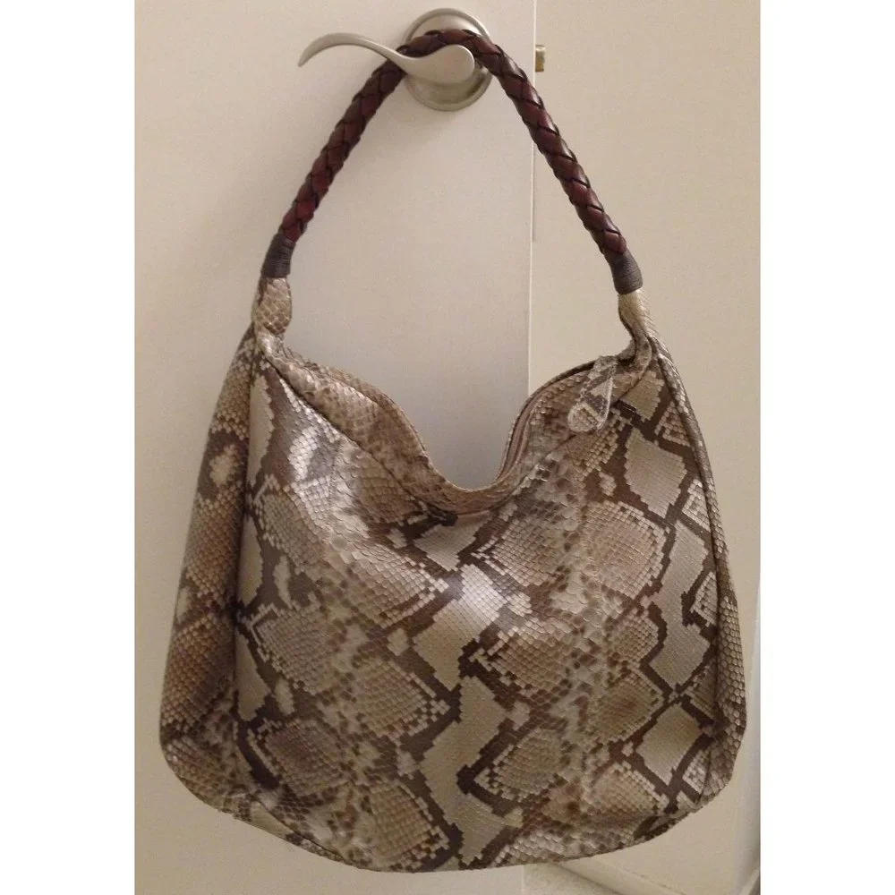 Auth Great Cond REAL natural beige brown PYTHON Carlos Falchi hobo shoulder bag
